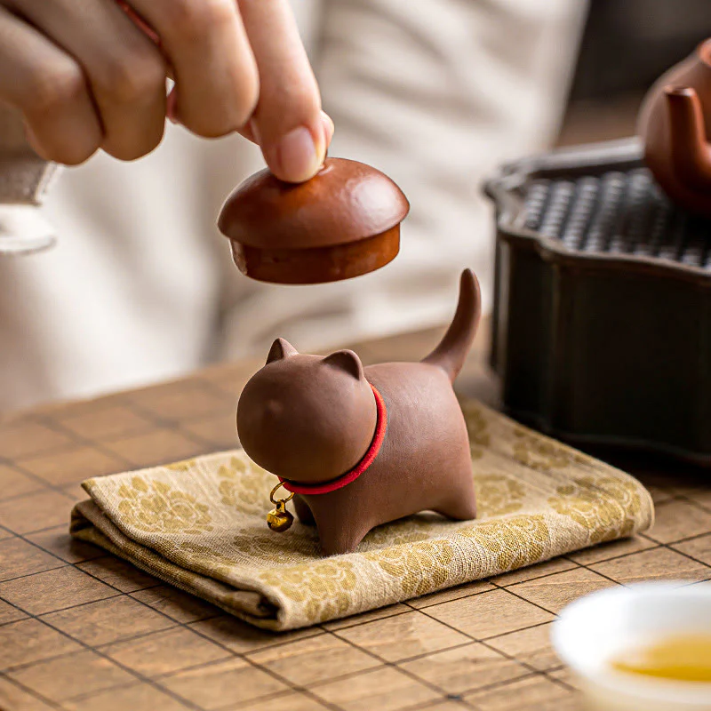 Buddha Stones Mini Lovely Red Rope Bell Cat Tea Pet Purple Clay Figurine Desk Decoration