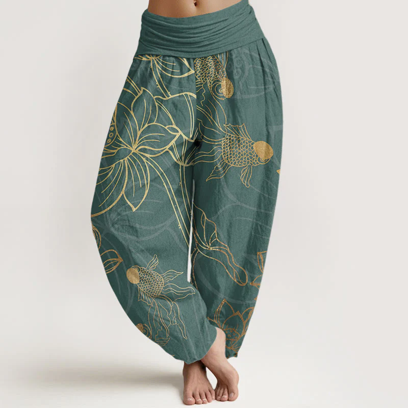 Buddha Stones Pure Cotton Lotus Leaf Koi Fish Women's Elastic Waist Harem Pants