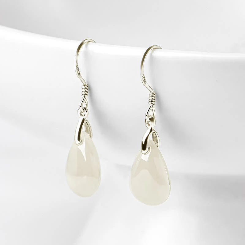 Buddha Stones 925 Sterling Silver Jade Water Drop Pattern Luck Prosperity Dangle Earrings