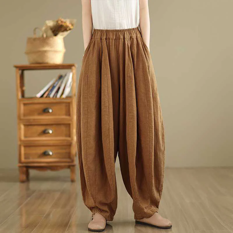 Buddha Stones Spring Casual Simple Design Women's Cotton Linen Harem Pants With Pockets