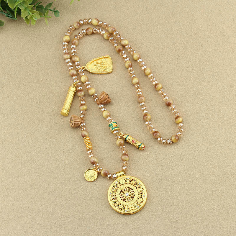 Buddha Stones Tibetan Lotus Round Plate Golden Tiger Eye Beads Necklace Pendant