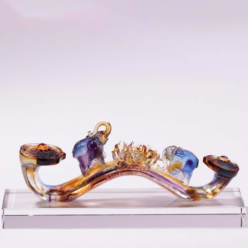 Buddha Stones Handmade Liuli Crystal Ruyi Elephant Art Piece Home Decoration With Crystal Base