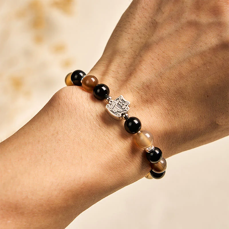 Buddha Stones 925 Sterling Silver Tortoiseshell Cat Light Brown Striped Agate Black Onyx Bracelet