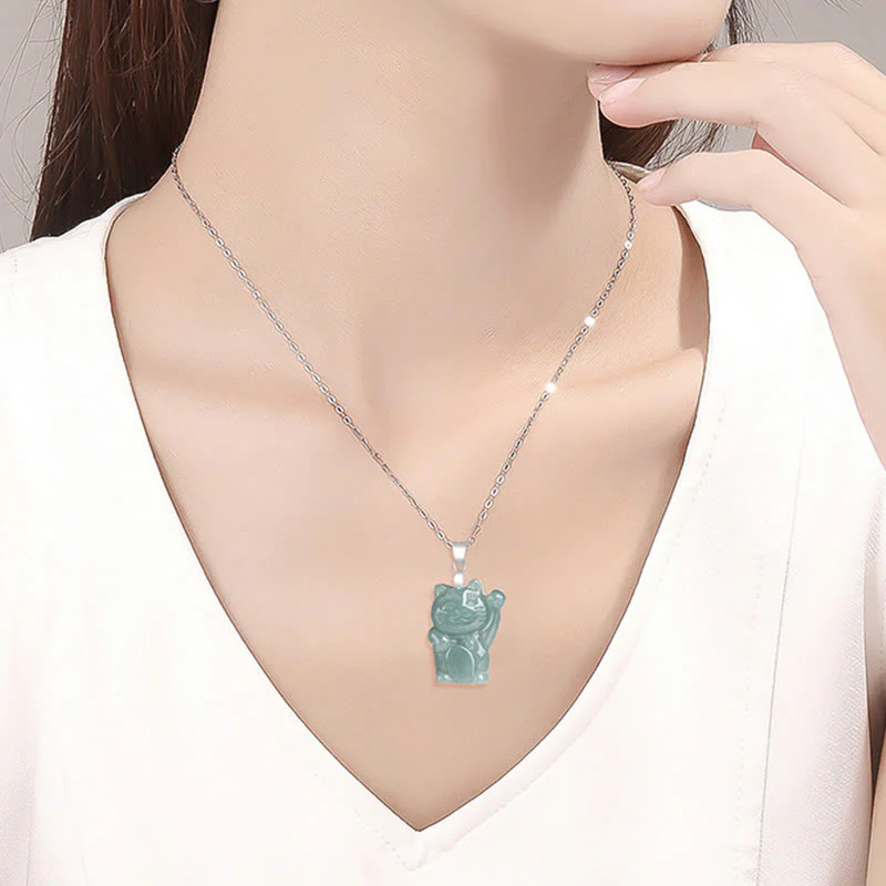 Buddha Stones 925 Sterling Silver Natural Jade Lucky Cat Abundance Necklace Pendant