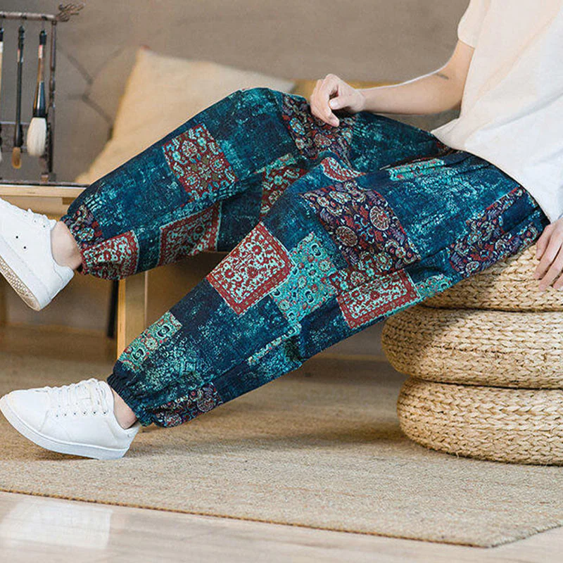 Buddha Stones Summer Square Patchwork Cotton Linen Men's Ankle-Length Harem Pants With Pockets