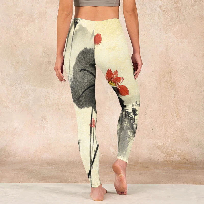 Buddha Stones Lotus Mountains House Print Gym Leggings Women's Yoga Pants
