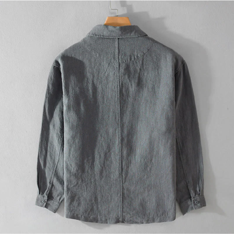 Buddha Stones Commute Men's Plain Buttons Design Cotton Linen Long Sleeve Shirt With Pockets