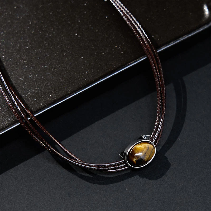 Buddha Stones Natural Tiger Eye Ellipse Protection Wax Rope Necklace Pendant