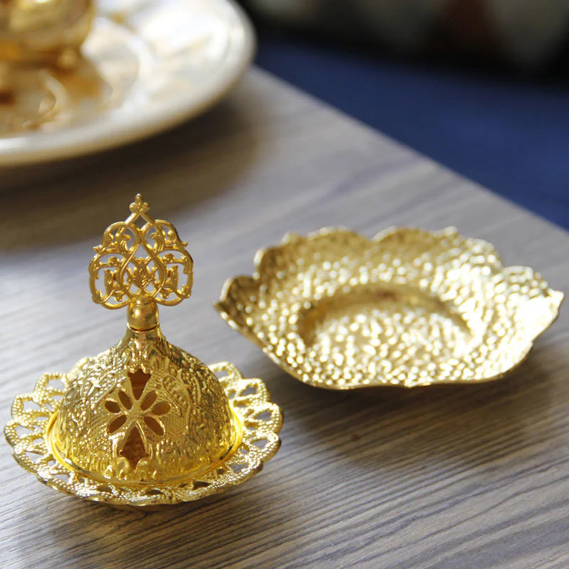 Buddha Stones Gold Leaf Coaster Spiritual Mini Alloy Metal Incense Burner