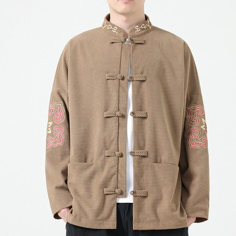 Buddha Stones Men's Frog-button Tang Suit Symmetrical Embroidery Cotton Corduroy Jacket Shirt With Pockets