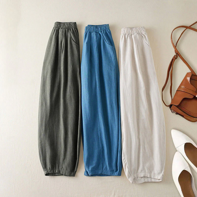 Buddha Stones Plain Color Cotton Linen Women's Pants With Pockets