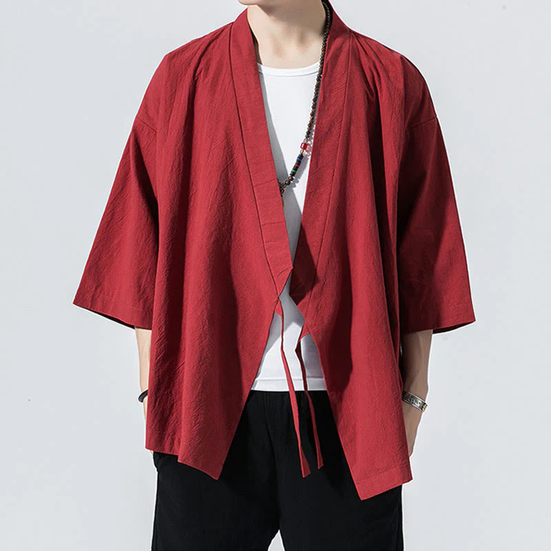 Buddha Stones Casual Plain Tang Suit Open Front Jacket Cotton Linen Men's Kimono