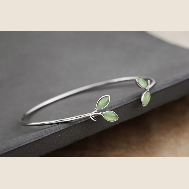 Buddha Stones Leaf Pattern Cat Eye Support Cuff Bracelet Bangle