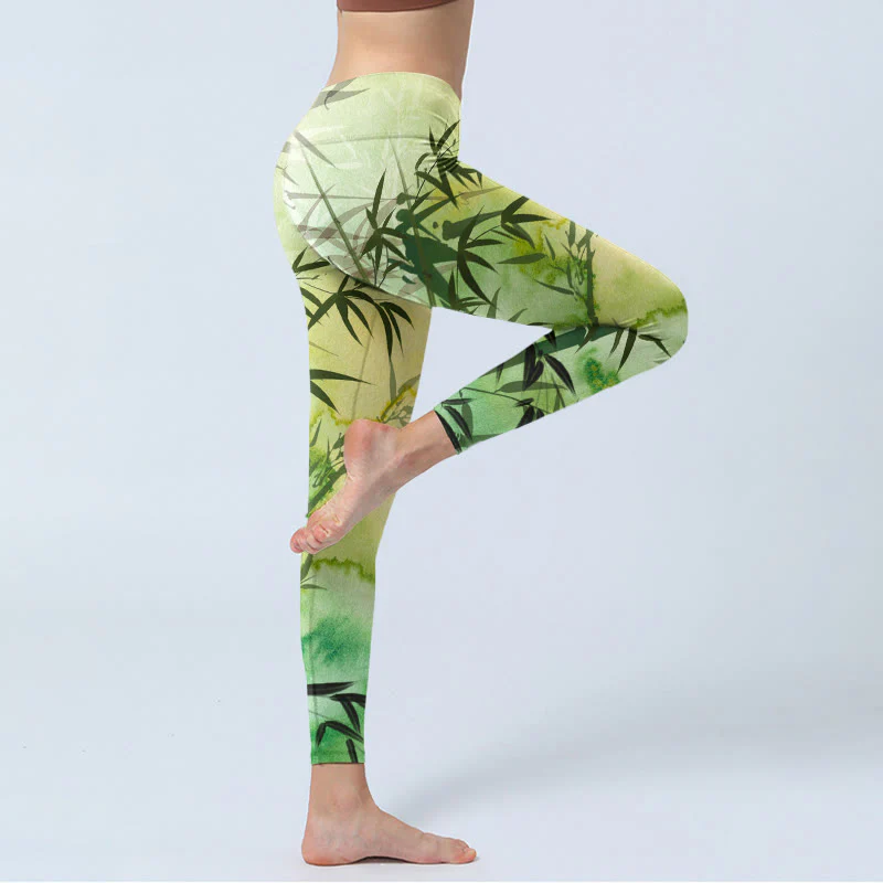 Buddha Stones Blooming Bamboo Pattern Print Gym Leggings Women's Yoga Pants