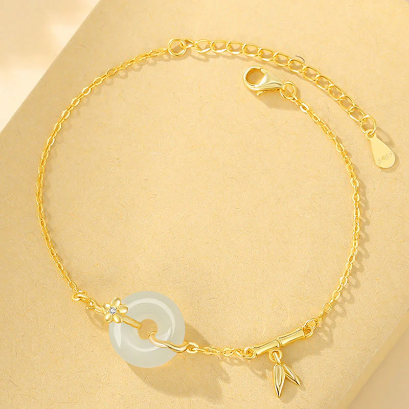 Buddha Stones 925 Sterling Silver Hetian Jade Chalcedony Peace Buckle Bamboo Leaf Prosperity Chain Bracelet