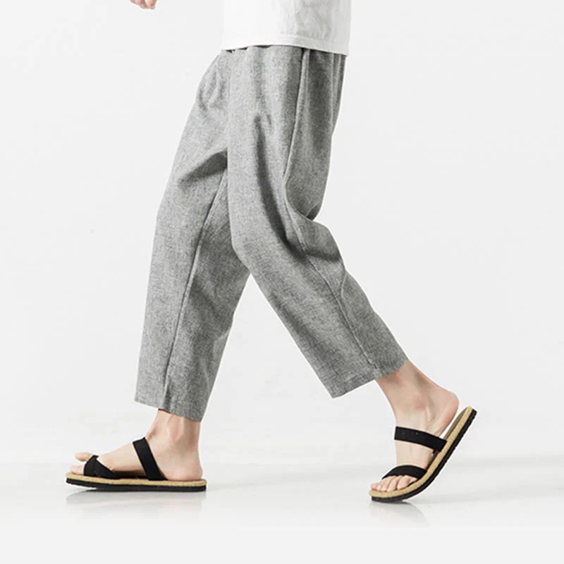 Buddha Stones Summer Plain Men's 7-8 Length Cotton Linen Pants With Pockets