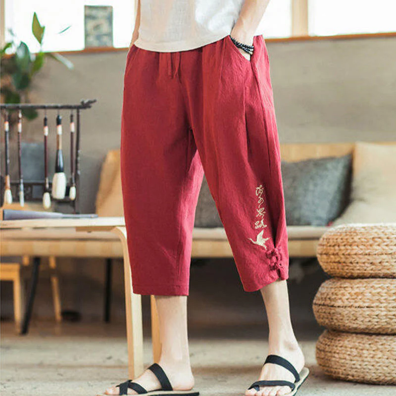 Buddha Stones Crane Embroidery Cotton Men's Cropped Harem Pants With Pockets