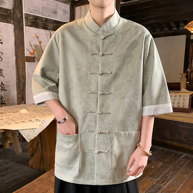 Buddha Stones Jacquard Bamboo Plum Bossom Pattern Chinese Frog-Button Design Men's Half Sleeve Cotton Shirt With Pockets