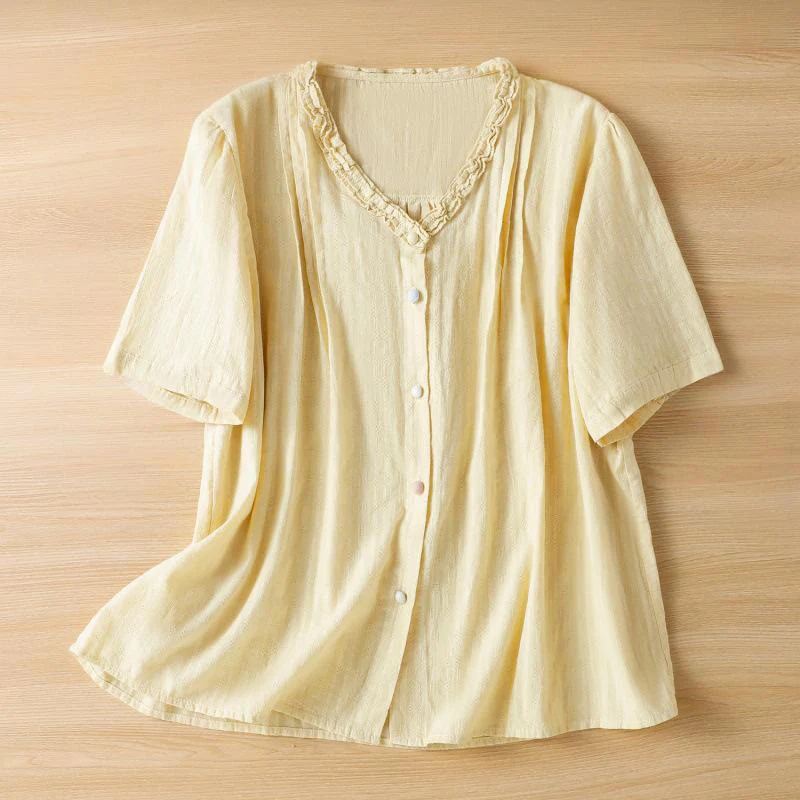 Buddha Stones Jacquard Pleated Ruffled Trim Design V-Neck Short Sleeve Women's Shirt