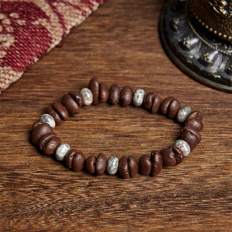 Buddha Stones Natural Coffee Beans Tiger Eye Grey Jasper Lava Rock Beads Bracelet