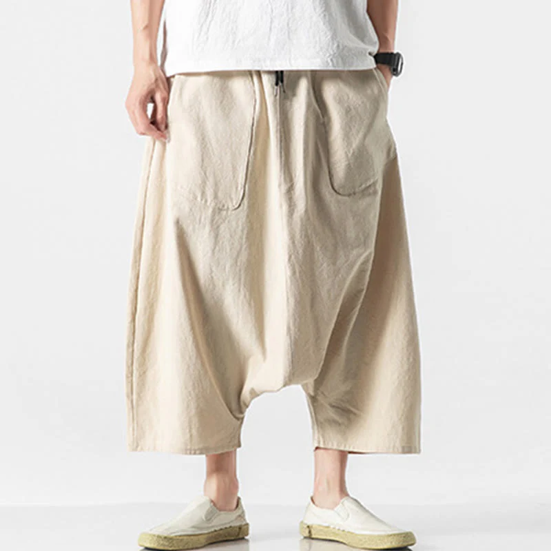 Buddha Stones Casual Low Crotch Design Drawstring Men's 7-8 Length Cotton Linen Wide Leg Pants With Pockets