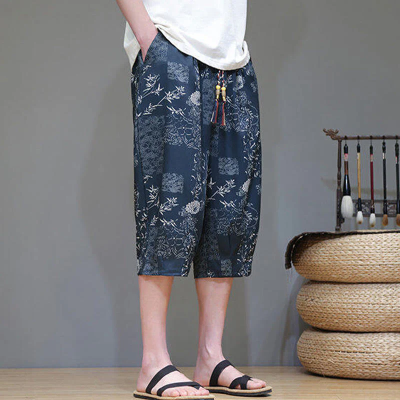 Buddha Stones Summer Bamboo Leaves Flowers Cotton Linen Men's Capri Pants With Pockets