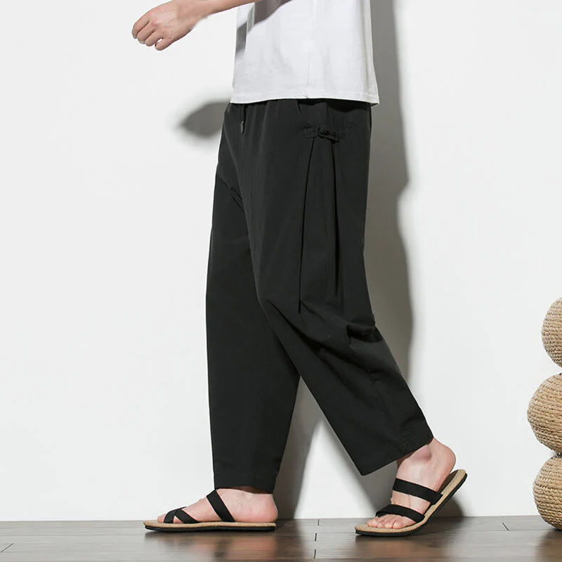 Buddha Stones Summer Side Frog-Button Design Men's Cotton Linen Pants With Pockets