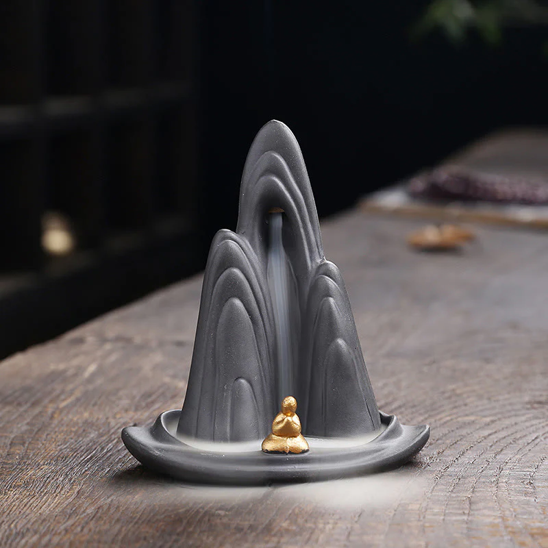 Buddha Stones Little Monk Mountains Flowing Water Purple Clay Ceramic Healing Backflow Incense Burner Decoration