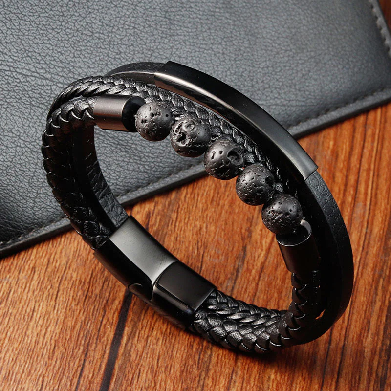 Buddha Stones Leather Titanium Steel Lava Rock Strengthen Buckle Bracelet