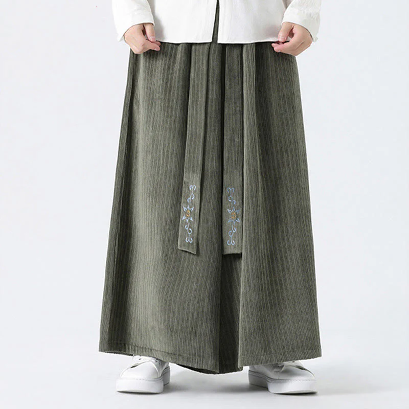 Buddha Stones Casual Embroidery Drawstring Design Men's Corduroy Wide Leg Pants With Pockets