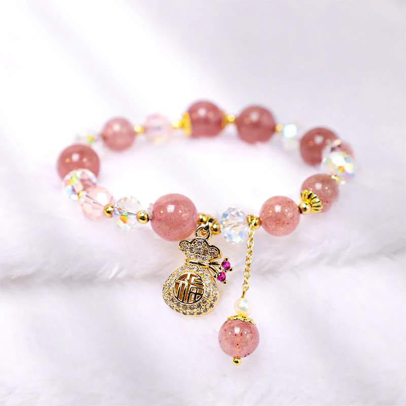 Buddha Stones Natural Strawberry Quartz Crystal Money Bag Charm Positive Bracelet