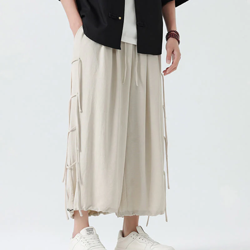 Buddha Stones Casual Loose Lanyard Design Waist Rope Men's 7-8 Length Spandex Pants With Pockets