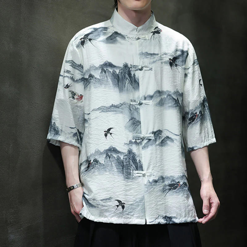 Buddha Stones Ink Painting Mountains Chinese Frog-Button Tang Suit Men's Half Sleeve Cotton Linen Shirt
