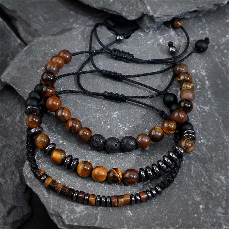 Buddha Stones 3Pcs Tiger Eye Lava Rock Protection Bracelet Set