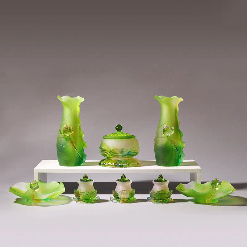 Buddha Stones Feng Shui Lotus Handmade Liuli Crystal Art Piece Home Office Offering Decoration