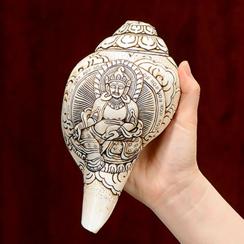 Buddha Stones Tibetan Handmade Engraved Shankha Buddha Avalokitesvara Conch Shell Wealth Decoration
