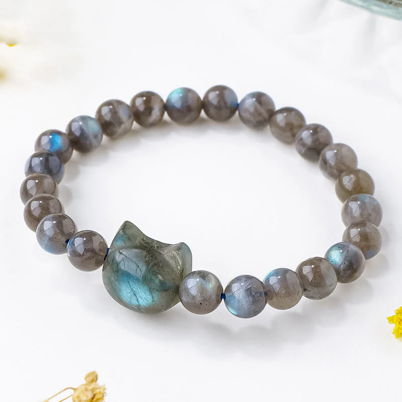 Buddha Stones Natural Labradorite Cute Cat Head Healing Change Bracelet