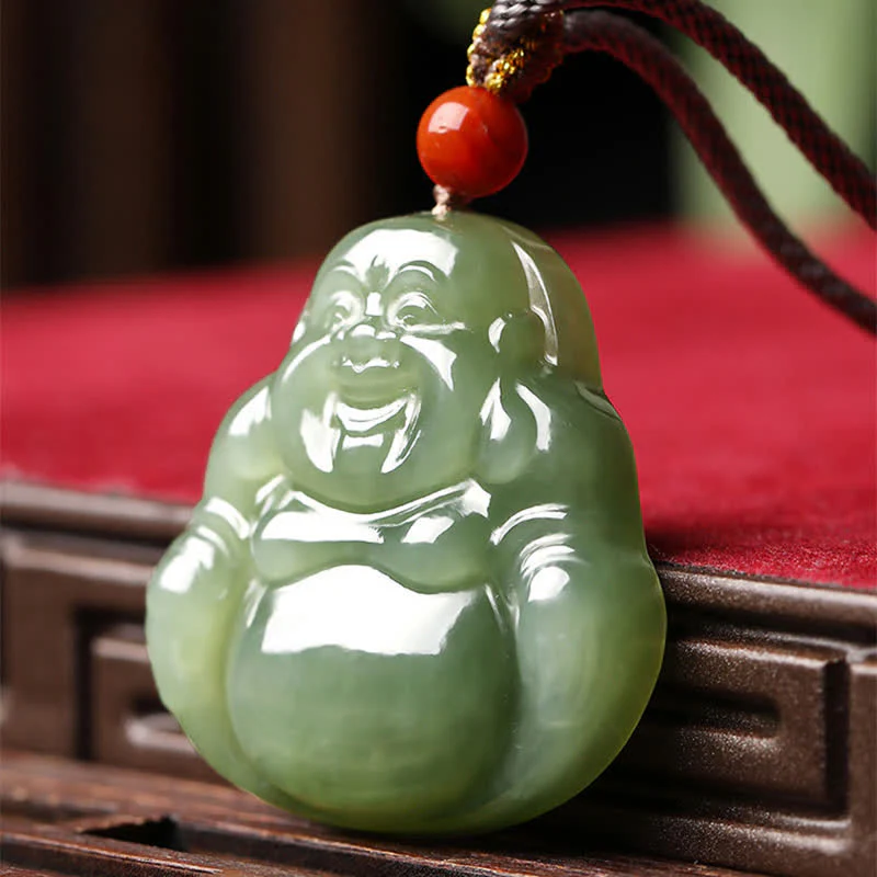 Buddha Stones Laughing Buddha Hetian Jade Abundance Necklace String Pendant