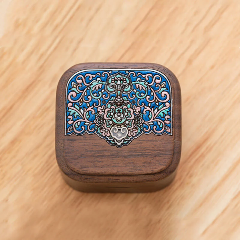 Buddha Stones Retro Handmade Black Walnut Wood Ring Jewelry Storage Box Leaf Wooden Gift Box