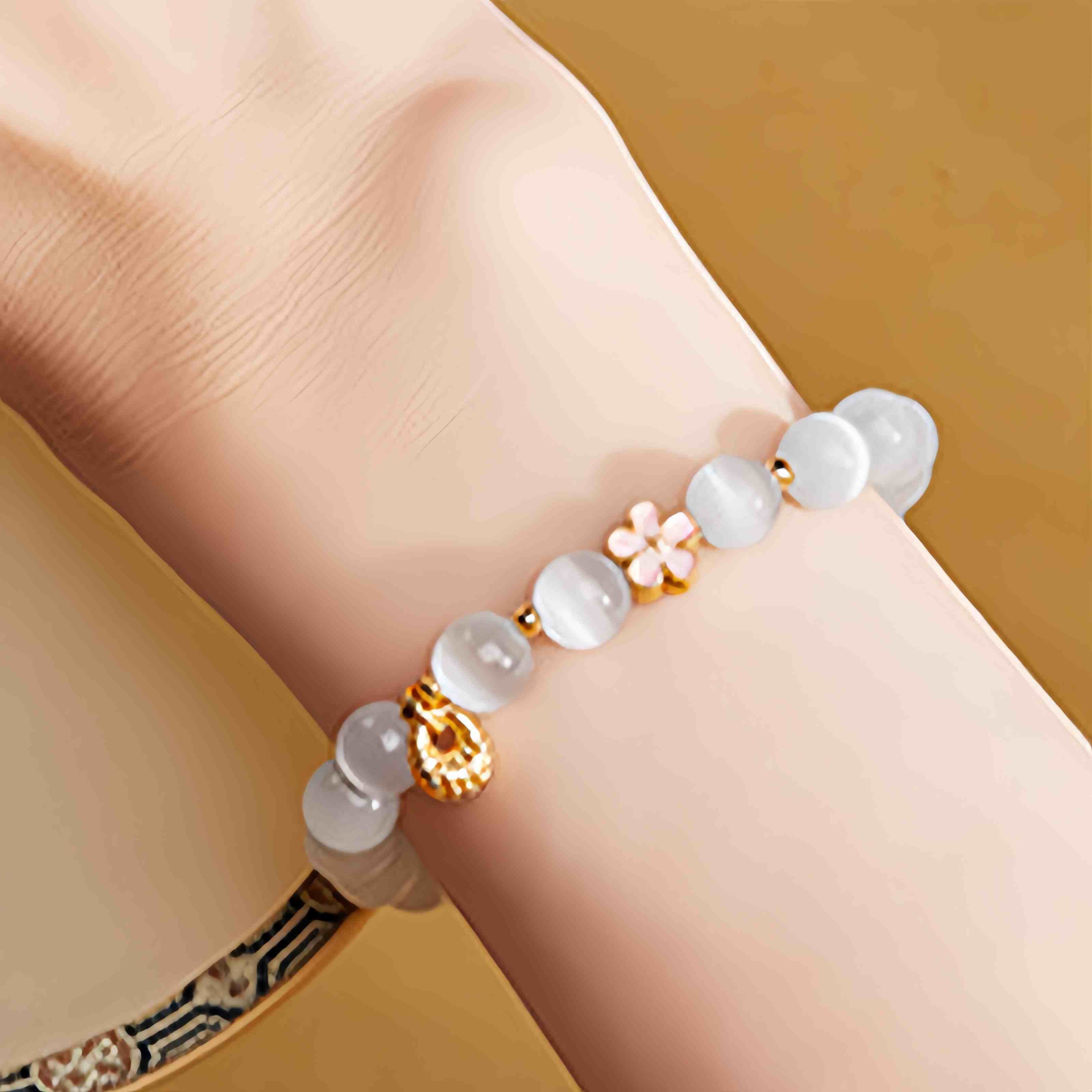 Buddha Stones 925 Sterling Silver Peach Blossom Lucky Bag White Cat's Eye Luck Bracelet