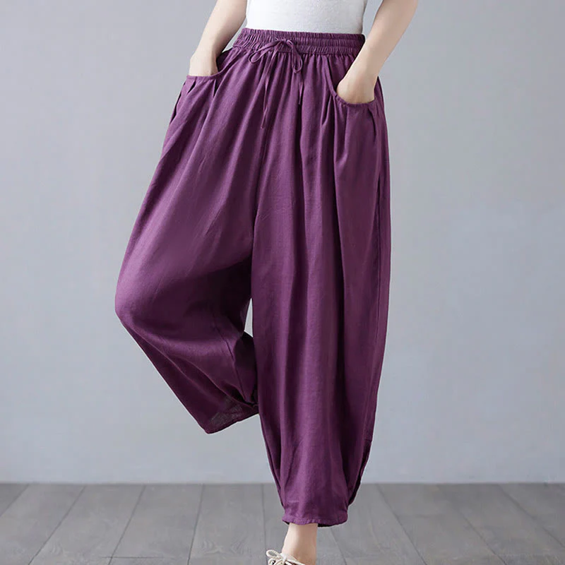 Buddha Stones Summer Plain Cropped Pants Women's Cotton Linen Harem Pants With Pockets