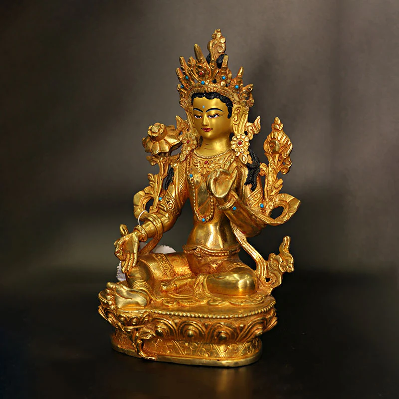 Buddha Stones Bodhisattva Tara Chenrezig Four-armed Avalokitesvara Protection Copper Gold Plated Statue Decoration