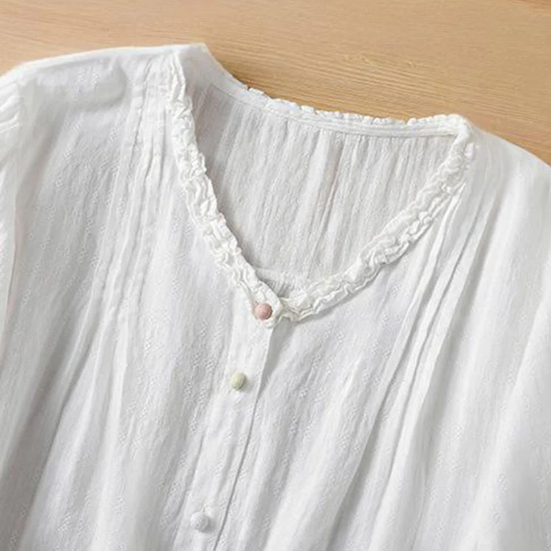 Buddha Stones Jacquard Pleated Ruffled Trim Design V-Neck Short Sleeve Women's Shirt