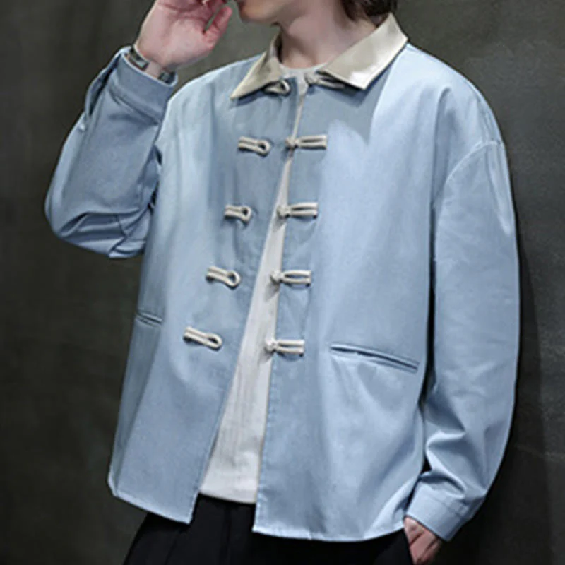 Buddha Stones Men's Frog-Button Cotton Long Sleeve Shirt With Pockets