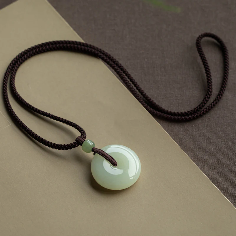 Buddha Stones Natural Round Jade Peace Buckle Luck Prosperity Necklace Pendant