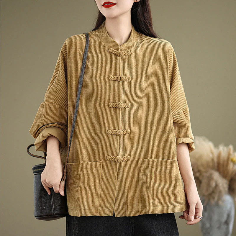 Buddha Stones Frog-button Stand Collar Women's Cotton Linen Corduroy Jacket