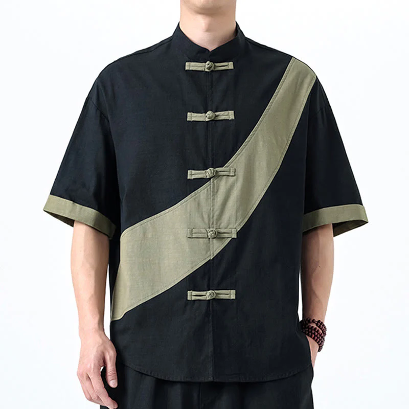Buddha Stones Spring Color Contrast Chinese Frog-Button Design Men's Half Sleeve Cotton Linen Shirt