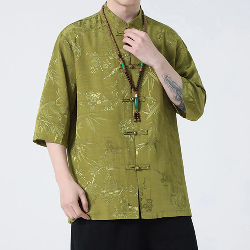 Buddha Stones Peach Blossom Bamboo Leaves Frog-button Chinese Half Sleeve Shirt Men T-shirt
