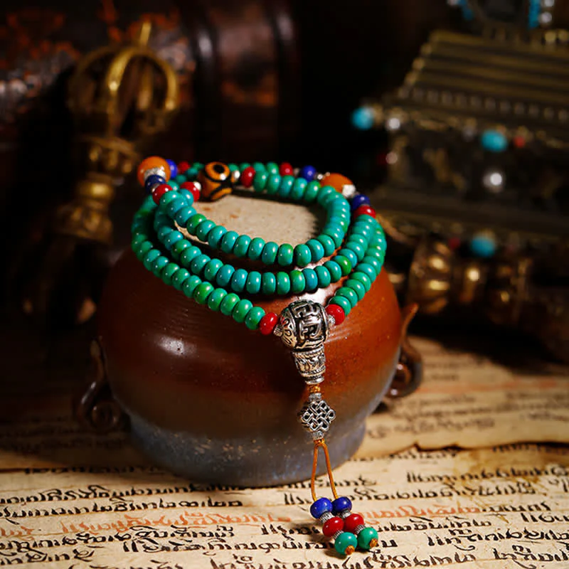 Buddha Stones 108 Mala Beads Tibetan Turquoise Dzi Bead Protection Bracelet