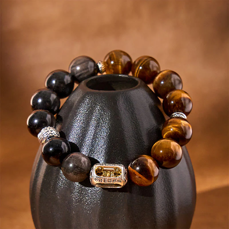 Buddha Stones Natural Silver Sheen Obsidian Tiger Eye Vajra Protection Bracelet